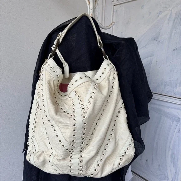 Ivory Isabella Fiore ruched brass grommets studded large leather hobo bag

- - Picture 2 of 16